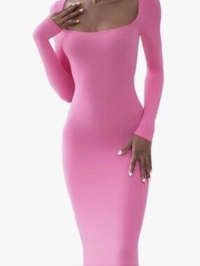 Bubblegum Pink NAKED WARDROBE NW Sculpt Long Sleeve Midi Dress XS Snatched VNeck